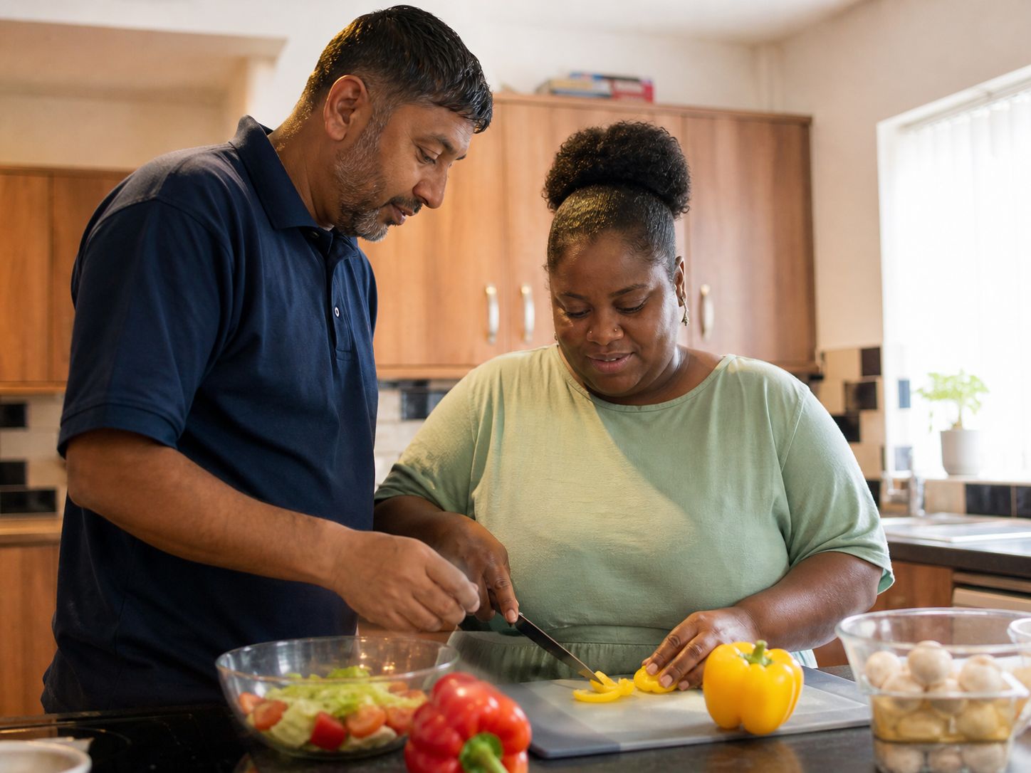 Support worker and individual in a calm, supportive environment